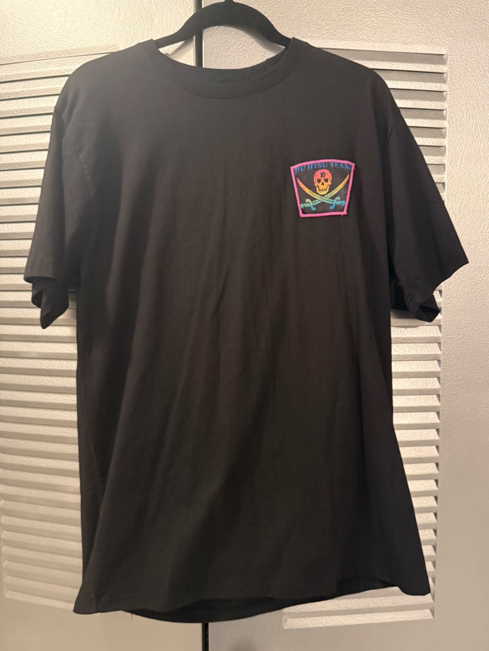 Black Jujitsu Team Graphic Crewneck T-Shirt with Neon Skull Patch